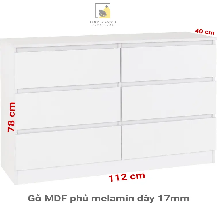 Kích thước tủ ngăn kéo 112cm gồm 6 hộc