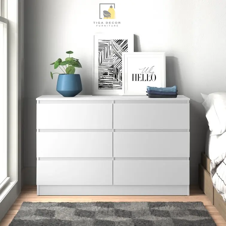 Tủ 6 ngăn kéo MDF màu trắng nhìn chính diện