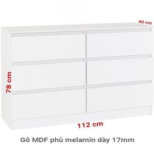 Kích thước tủ 6 ngăn kéo MDF 112 × 40 × 78 cm – TIGA0002