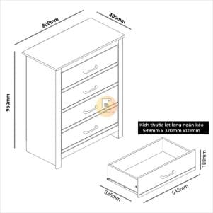 Sơ đồ kích thước tủ 4 ngăn kéo TIGA0003