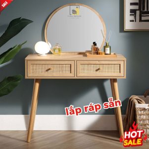 Bàn trang điểm 2 ngăn kéo, mây đan caro tự nhiên - Tigadecor