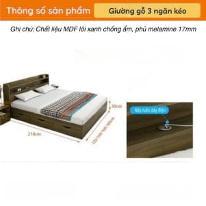 Giường ngủ gỗ MDF 3 ngăn kéo + kệ đầu giường thông minh - Tiga0085 - Ảnh 6